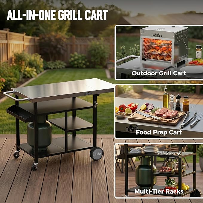 BIG HORN OUTDOORS Grill Cart, Stainless Steel Outdoor Grill Table for Infrared Grill, Pizza Oven Stand Compatible with Big Horn, Ninja, Ooni Pizza Ovens, Outdoor Cooking Table with Wheels & Storage