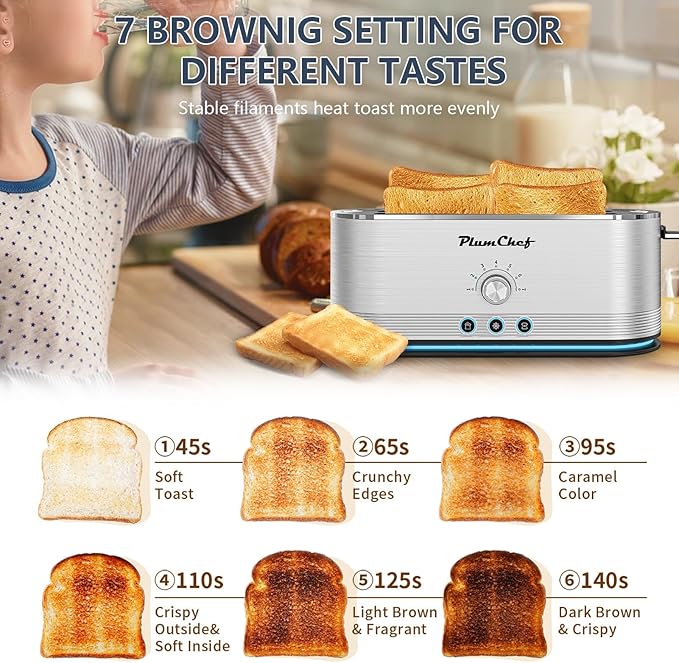 4-Slice Toaster, Extra Wide Long Slot Toaster, 7 Browning Settings, Defrost/Reheat Functions, Removable Crumb Tray, Stainless Steel Housing, Anti-Fingerprint & Anti-Jam (Stainless Steel)