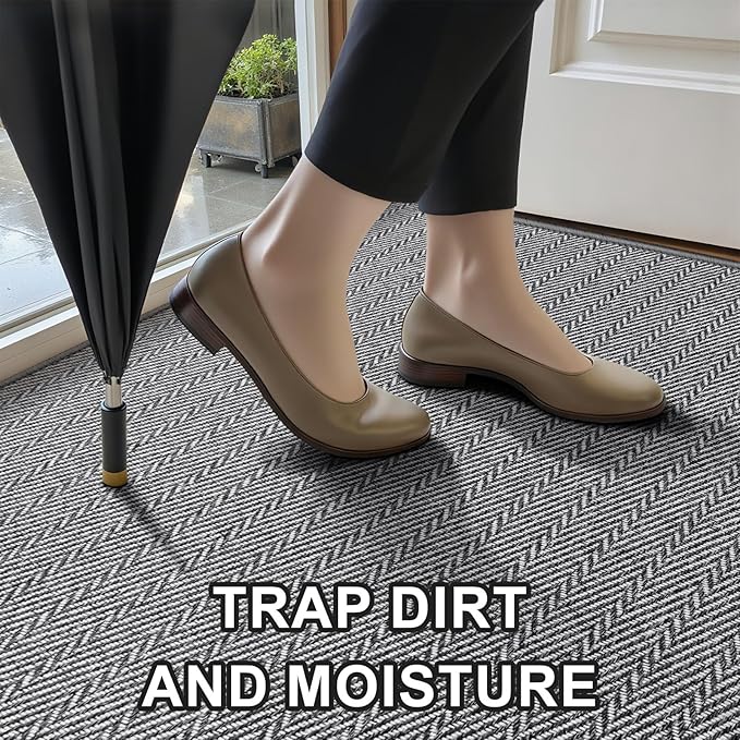 Ultra Thin Door Mat Indoor Entrance 17"x29", Low-Profile Indoor Door Mat, Non Slip Entry Mat Rubber Backing Unique Herringbone Design Inside Doormat Dirt Trapper Entryway Mats, Grey