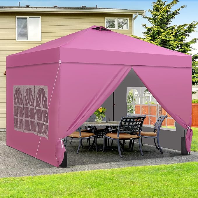 Saemoza 12x12 Pop Up Canopy Tent with One Push Setup, Portable Sun Shade Tent, Instant Easy Up Canopy with 4-Sidewalls & Wheeled Bag, Outdoor Fldable Gazebo with Vent Top, Pink.