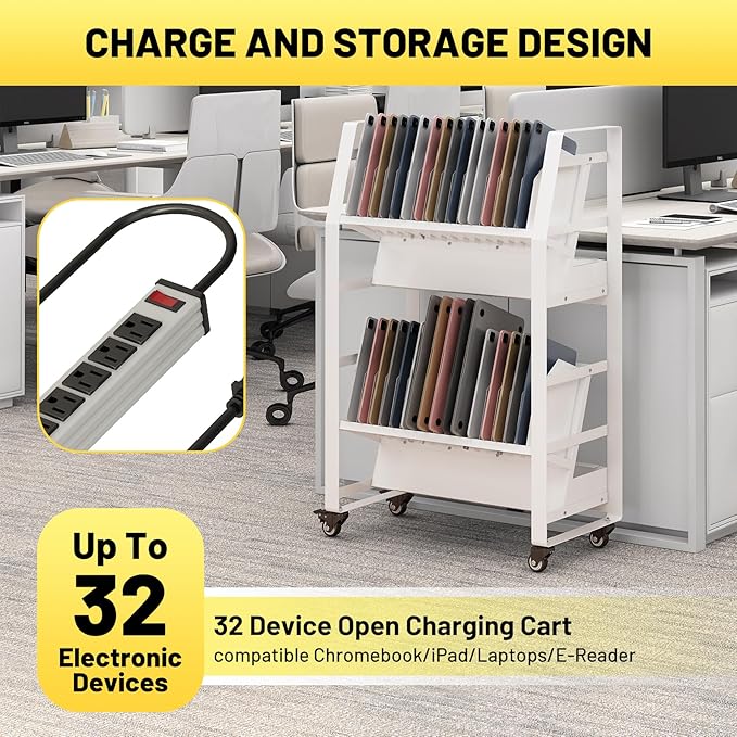 32-Device Mobile Charging Storage Cart with Lockable Wheels, 2 Power Strips, Charging Station with Removable Dividers & Cable Management for Laptops, Tablets, iPads, Chromebook for Classroom