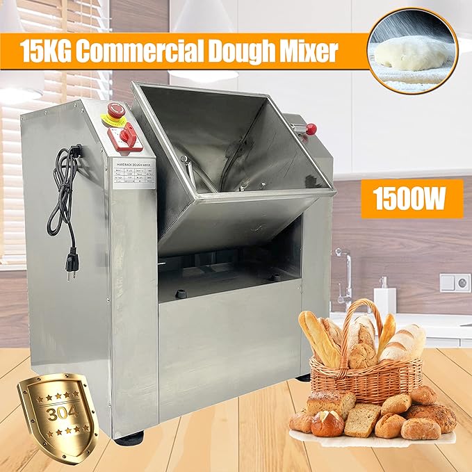 TECHTONGDA Commercial Dough Mixer All Stainless Steel Flour Mixer Dough Kneading Machine 110V Heavy Duty Dough Blender Stand Food Mixer with 15 KG Kneading Capacity and 90 Degree Tilt Bowl