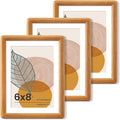 Axeman 6x8 Picture Frame Set of 3 - Solid Teak Wood Frame With Mat for 5x7 - Rounded Corner 6x8 Frame with Tempered Glass for Tabletop Display