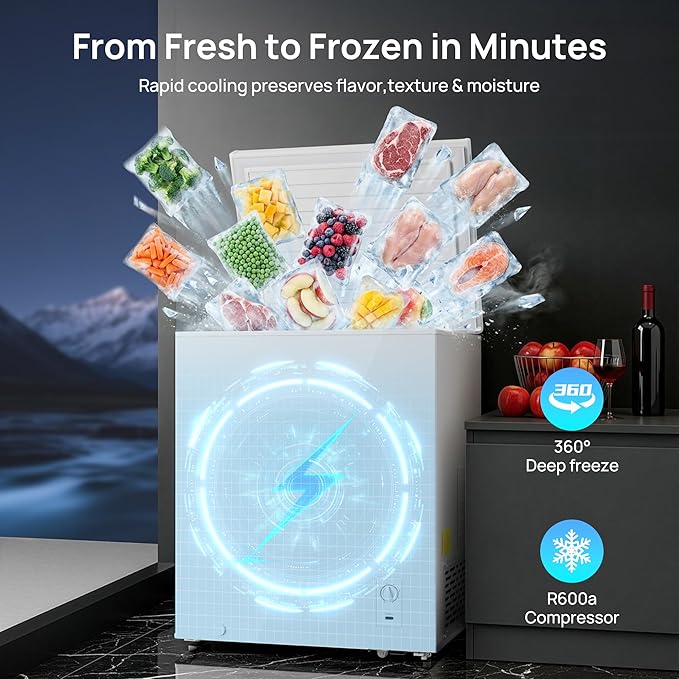10 Cu.Ft Chest Freezer, Small Compact Deep Freezer with Adjustable 7 Thermostat, 2 Removable Baskets, Energy Saving, Quiet Top Open Door Mini Meat Freezer with LED Light for Garage Outdoor Home Office