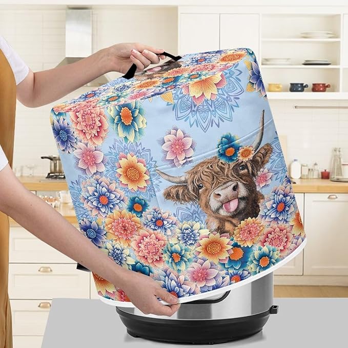 Xoenoiee Electric Pressure Cooker Cover Boho Mandala Highland Cattle Pattern Kitchen Appliance Dust Cover with Pockets, Compatible with Crock Pot, Rice Cooker, for 8 Qt Pot