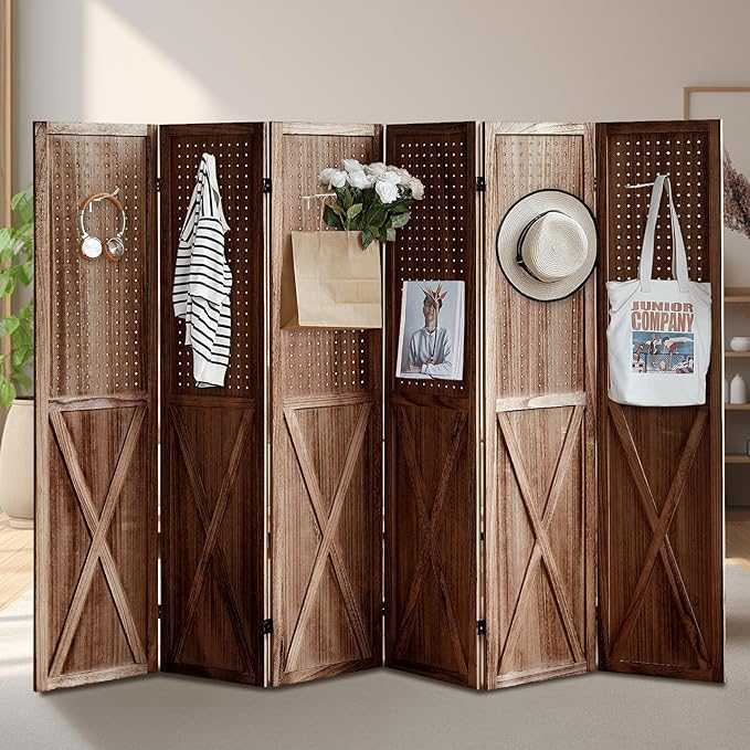 6 Panel Pegboard Room Divider, 5.6Ft Pegboard Display Folding Privacy Screens, Wood Room Divider Peg Board Display Freestanding for Trade Show Craft Show Home Wall Organizer, Brown