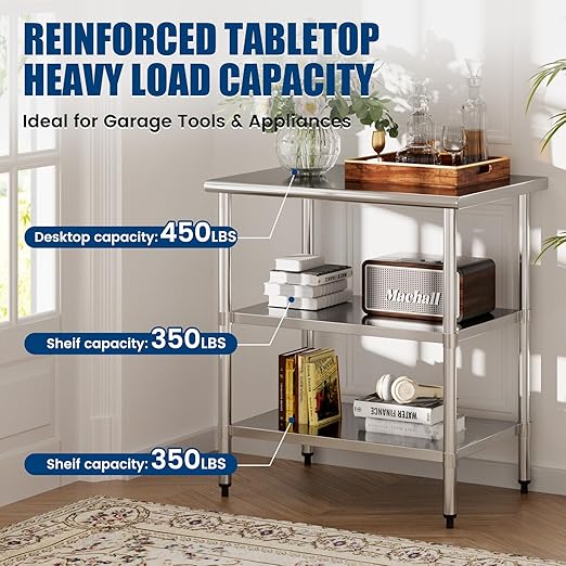 Stainless Steel Work Table 24 x 36 Inch with 2 Adjustable Undershelves, Heavy-Duty Metal Prep Table for Commercial Kitchen & Restaurant, Garage, Outdoor