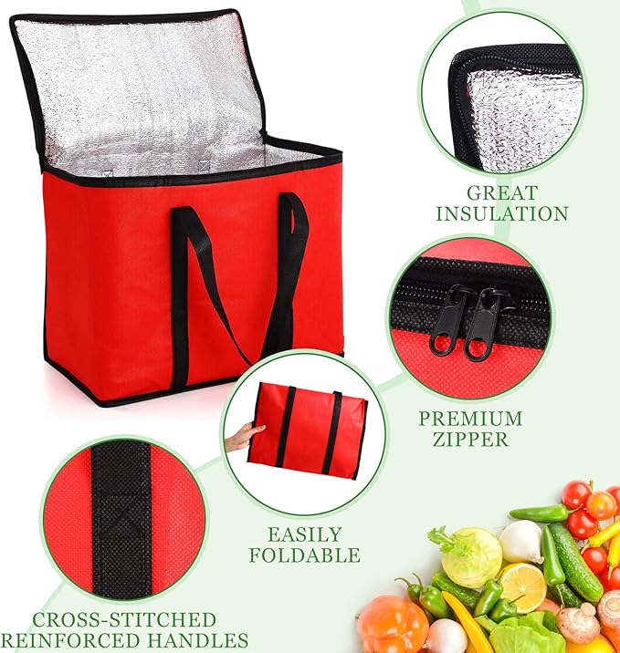 Kenning 8 Pcs Large Insulated Reusable Grocery Bags with Sturdy Zipper and Handles Foldable Washable Cooler Totes Heavy Duty Hot or Cold Food Delivery Bag for Food Transport Travel Lunch (Red Black)