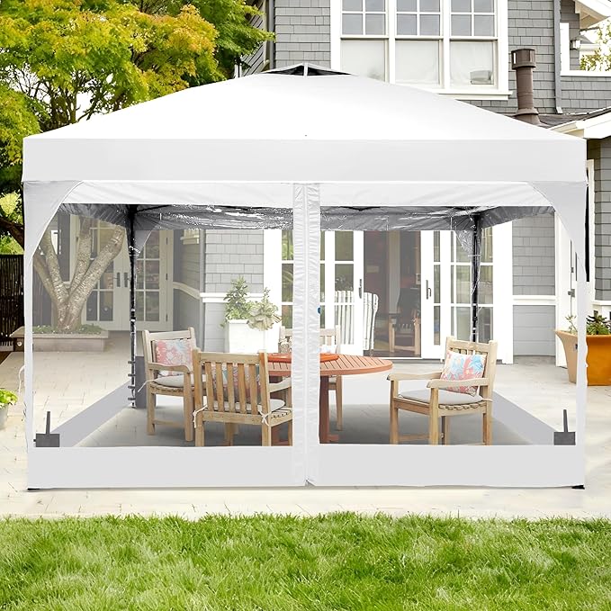 Saemoza 12x12 Pop Up Canopy Tent with One Push Setup, Outdoor Sun Shade Canopy for Backyard Party, Easy Up Instant Shelter with 4 PVC Transparent Sidewalls, 4-Sandbags & Wheel Bag, White.