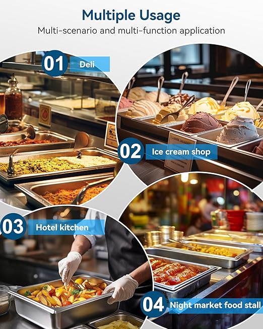 4 Pack Hotel Pans with Lids, 1/1 Size 4" Deep Steam Table Pans, Full Size Stainless Steel Food Pan 22 Gauge Anti Jam 20.8" L x 12.8" W Commercial Food Storage Containers