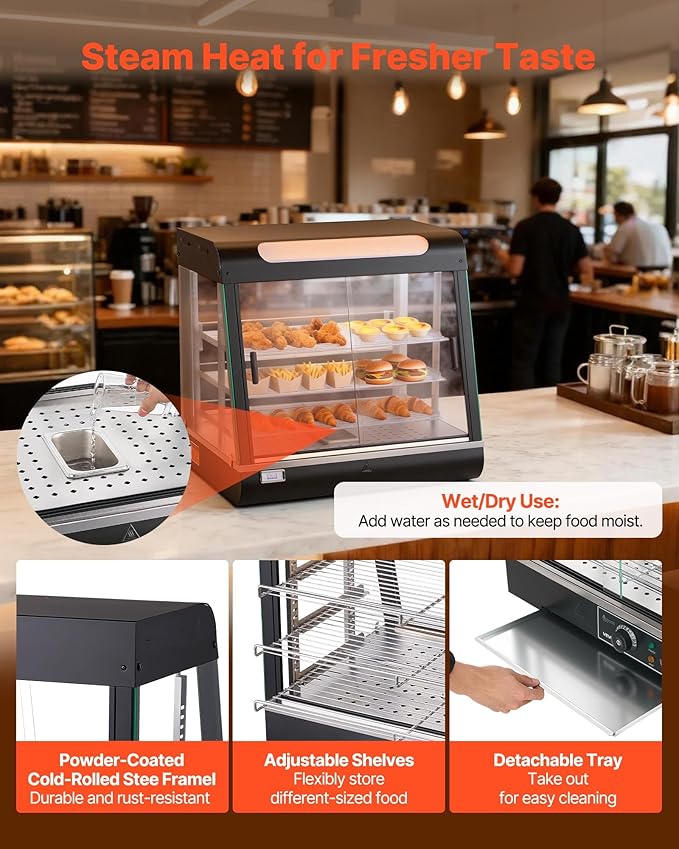 VEVOR 3-Tier Commercial Food Warmer Display, 1200W Food Display Warmer with LED Light, Top Storage and Adjustable Shelves, 86℉~185℉ Steam Heating, 106Qt/100L for Hamburger, Pizza, Bread, Fried Chicken