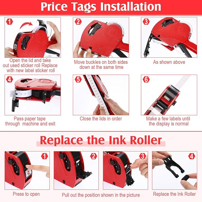 3 Pack 8 Digits Price Tag Gun Label Pricing Gun Kit with 12000 Labels & 9 Ink Rollers for Retailer Supermarket Grocery Store Food(Red)