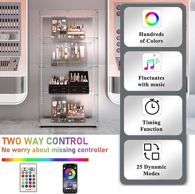 Glass Display Cabinet with LED Light Strip, 4 Shelves with 2 Doors, Glass Top Curio Storage Cabinets with Lock & Caster for Living Room,Floor Standing Bookshelf, Quick Installation - White