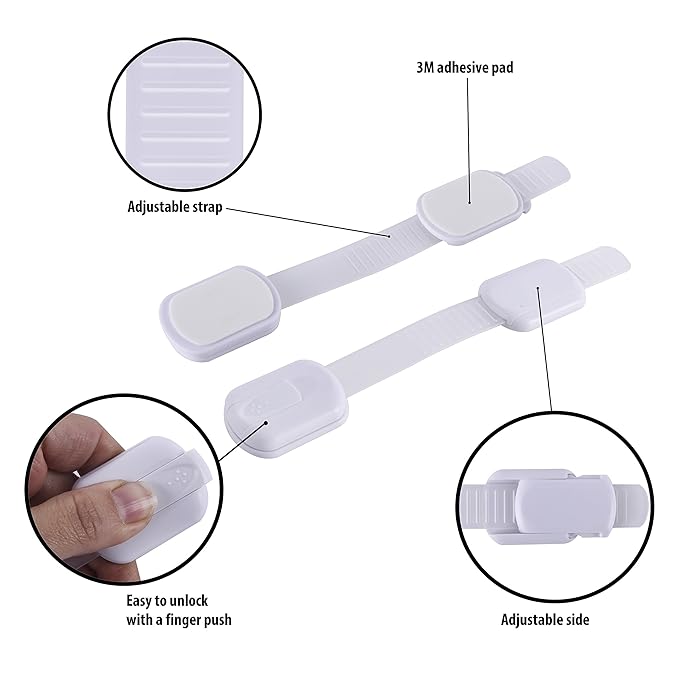 Child Safety Cabinet Locks (4 Pack) – Adjustable Baby Proofing Strap Latches with Strong 3M Adhesive – No Drill Childproof Locks for Drawers, Cabinets, Fridge, Door, Closet, Grey