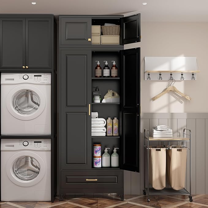 90" Kitchen Pantry Cabinet with Drawer, Metal Storage Cabinets with Doors and 4 Adjustable Shelves,Black Kitchen Cabinet with 2 Gold Handles,Food Cupboard for Livingroom,Pantry