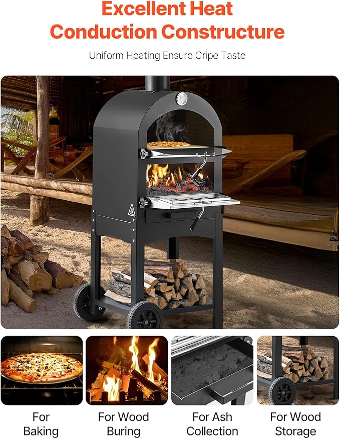 VEVOR Outdoor Pizza Oven, 12" Pellet Fire Ovens, 2-Layer Pizza Oven Wood Fired, Wood Burning Outdoor Pizza-Oven with 2 Removable Wheels, 1000℉ Max Temperature Fired Pizza-Maker Ovens for Barbecue