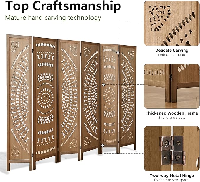 6 Panel Room Divider Wood Carved Room Divider Folding Privacy Screen with Double Hinges, Free Assembled Portable Partition Screen Divider for Room Separation Home Office Restaurant - Brown
