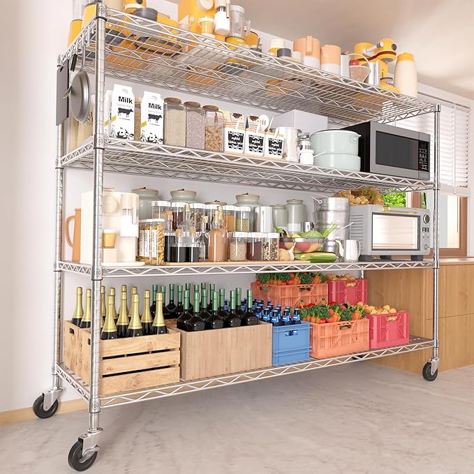 PrimeZone 4 Tier 55.5" Wx24 Dx76 H Wire Shelving with Wheels 2400lbs NSF Certified Storage Shelves Heavy Duty Metal Shelf Adjustable Rolling Rack Commercial Garage Restaurant Warehouse Chrome 4Pack