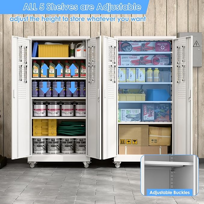 SUXXAN Garage Storage Cabinet with Pegboard and 5 Adjustable Shelves, 71'' x 32'' x 16''Metal Lockable Cabinet with Magnetic Doors,Tool Storage,Home Office Garage,Gym,School(White)