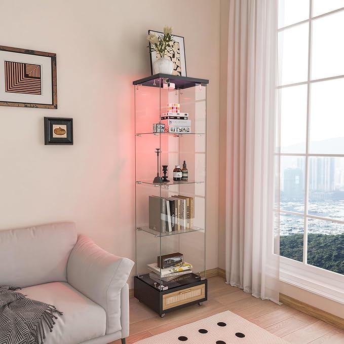 Yoluckea 4 Tiers Glass Display Cabinet with LED Lighting and Drawer, 1 Door Floor Standing Curio Cabinet with Wheel for Home, Office, Corner Display, Black Glass Bookshelf for Collections and Decor