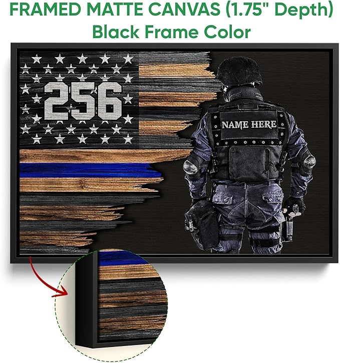 Custom Police Thin Blue Line Gifts For Policeman, First Responder Personalized Name Number Poster & Framed Canvas, Wall Art Home Office Decoration Living Room Bedroom Aesthetic Decor