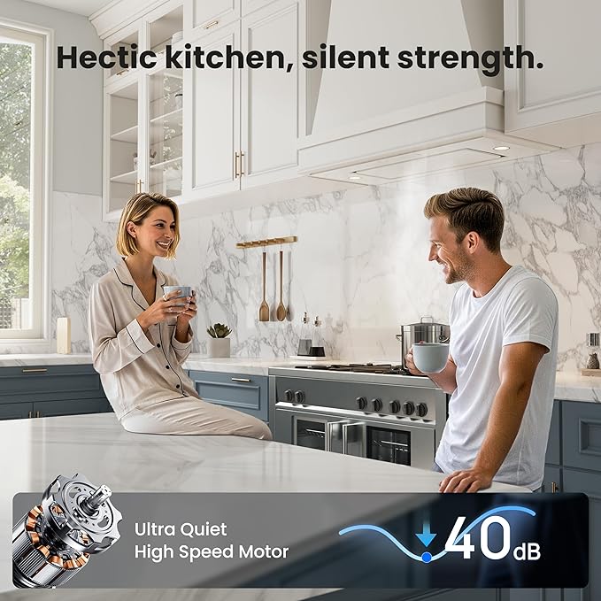 Range Hood Insert 36 inch, 900 CFM Ducted/Ductless Convertible, Stainless Steel & Tempered Glass White 36 inch Built-in Range Hood, With 3-Speed Fan and Gesture Sensing &Touch Control