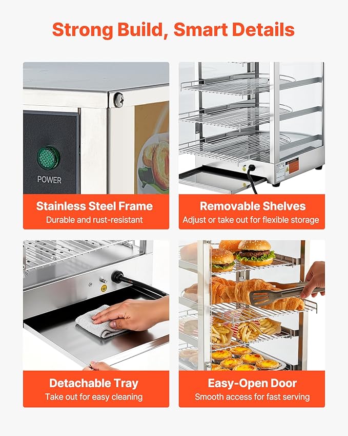 VEVOR 5-Tier Commercial Food Warmer Display, 800W Food Display Warmer with LED Light, Adjustable Shelf and Stainless Steel Frame, 86℉~185℉ Air Heating, 60L for Hamburger, Pizza, Bread, Fried Chicken