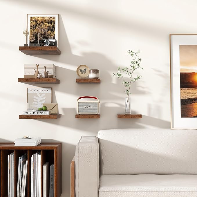 Square Floating Shelves for Wall 8"W x 8"D x 1.2"H, Engineered Wood Wall Shelves with Invisible Brackets for Living Room Bedroom Bathroom Office Kitchen Storage & Decor, Rustic Brown Finish, Set of 3