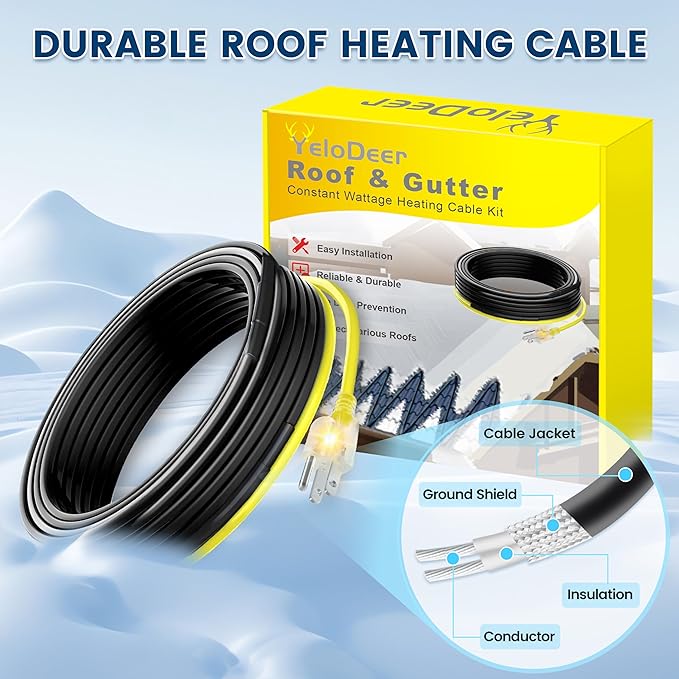 160 FT Heat Tape for Roof and Gutters, YeloDeer Gutter Heater Cable Heat Trace Cable for Snow De-Icing Ice Dam & Pipe Freeze Protection 7W/FT 120V