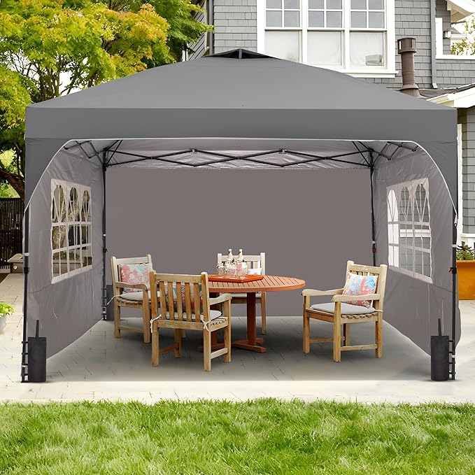 Saemoza 12x12 Pop Up Canopy Tent with One Push Setup, Outdoor Sun Shade Canopy with Vent Top for Backyard Party, Easy Up Instant Shelter with 4-Sandbags & Wheel Bag, Grey.