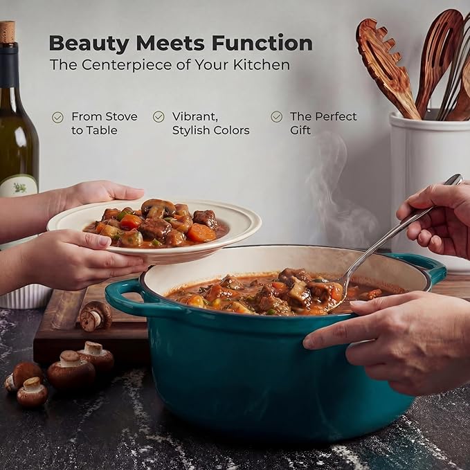 Zulay Kitchen 6 Quart Enameled Cast Iron Dutch Oven Pot with Lid – Premium Durability & Oven Safe up to 500°F – Heavy Duty Cookware Perfect for Bread Baking, Stews, Braising & Roasting – Emerald