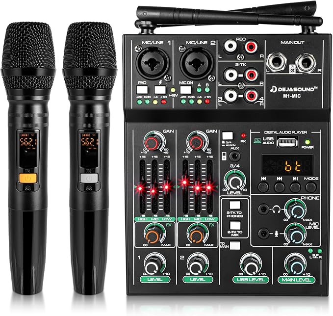 Pro 5 Channel Audio Mixer Mic Set for Live Streaming, Family Karaoke, Studio Recording, Bluetooth Dual Wireless Microphone System with USB Interface & 48V Phantom Power