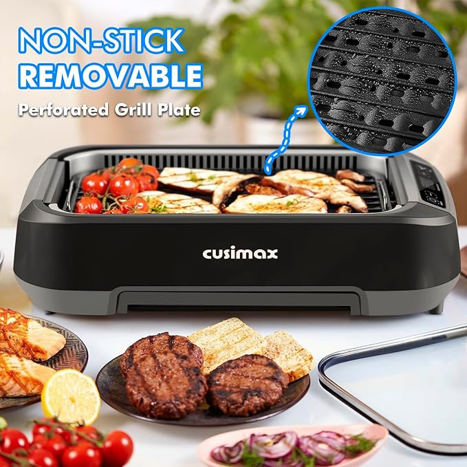 CUSIMAX Electric Indoor Grill, 1500W Smokeless Korean BBQ Grill with Smart LED Display & Tempered Glass Lid, Removable Non-stick Plate, Turbo Smoke Extractor, Black