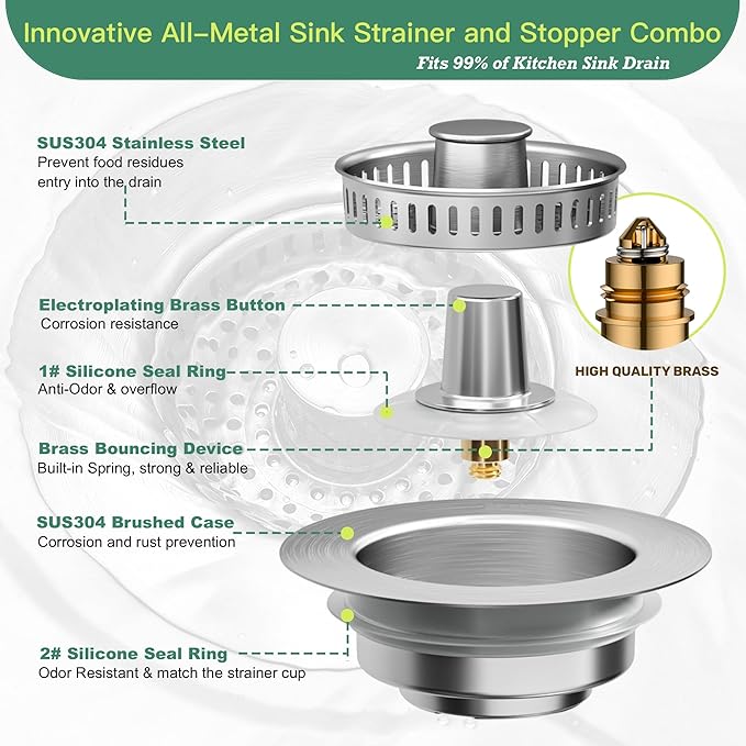Kitchen Sink Drain Strainer 3 in 1, 304 Stainless Steel Pop Up Sink Stopper, Anti-Clogging Sink Stopper, Kitchen Drain Catcher, Sink Strainer for US Standard (Silver 2#)