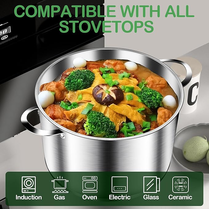 Cooking Pot, Stainless Steel Stock Pot, Soup Pot with Glass Lid, Induction Pots - 6 Quart