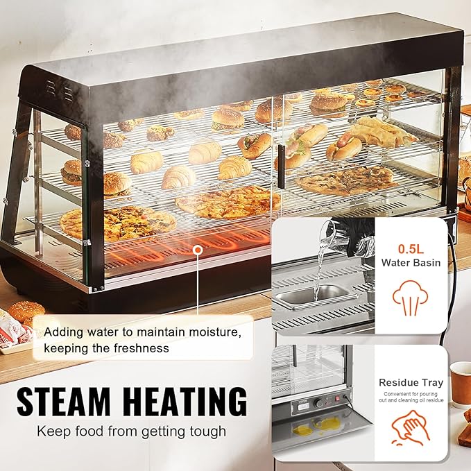 VEVOR 3-Tier Commercial Food Warmer Display, 1500W Food Display Warmer with Light, Adjustable Shelf and Temperature Display, 86℉~185℉ Steam Heating, 180L for Hamburger, Pizza, Bread, Fried Chicken
