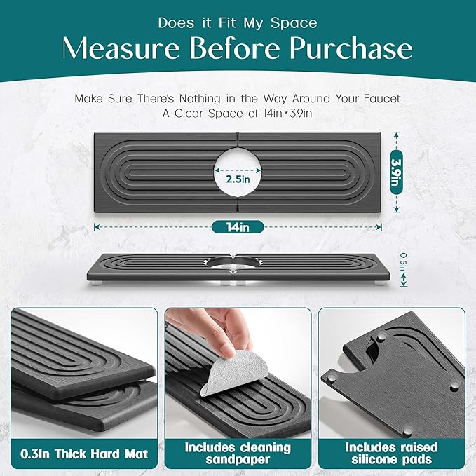 Diatomite Kitchen Faucet Mat - 14Inch Water Absorbing Stone Tray for Sink, Stone Fast-Drying Faucet Mat for Kitchen Counter Sink Accessories (Dark Grey, 14'' x 3.9'')