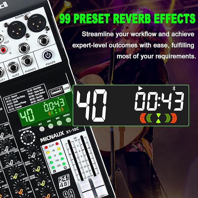 Audio Mixer 10 Channel Professional Sound Mixer Console with 99 DSP Effects, Mixing Board DJ Mixer w/USB, Bluetooth, 48V Power Supply, PAD Button for Recording Karaoke PA Drum Live Music