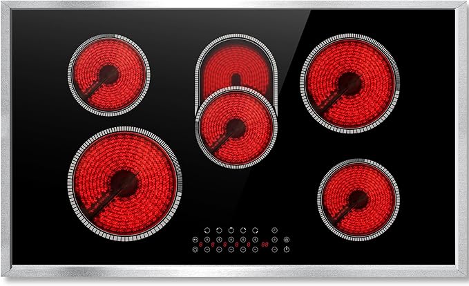 Electric Cooktop 36 Inch, 5 Burners Electric Stove Top Touch Control, 8400W Built-in Ceramic Stovetop 36" with Expandable Zone, Child Lock, Timer, Pause Control, 220-240v Hardwired (No Plug)