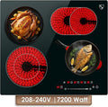 K&H 4 Burner Electric Cooktop - 24 Inch Built-In Radiant Ceramic Stove Top - 17 Power Levels & Touch Control, Compatible with All Cookware, 240V, 7200W High-Power Built-in Electric Stove, CE24-7206SL
