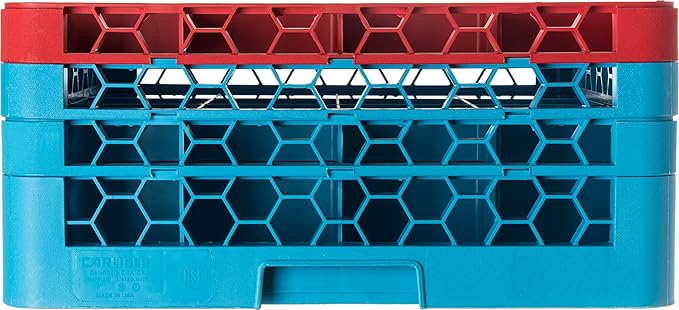 CFS RG16-3C410 OptiClean 16 Compartment Glass Rack with 3 Extenders, 8.72", Polypropylene, Red/CFS Blue
