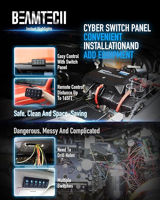 BEAMTECH Wireless 8 Gang Switch Panel, RGB Multifunction Switch Toggle Momentary Pulsed Circuit Control Relay System Box Auxiliary Touch Control Switch LED Light Controller for Off Road Car