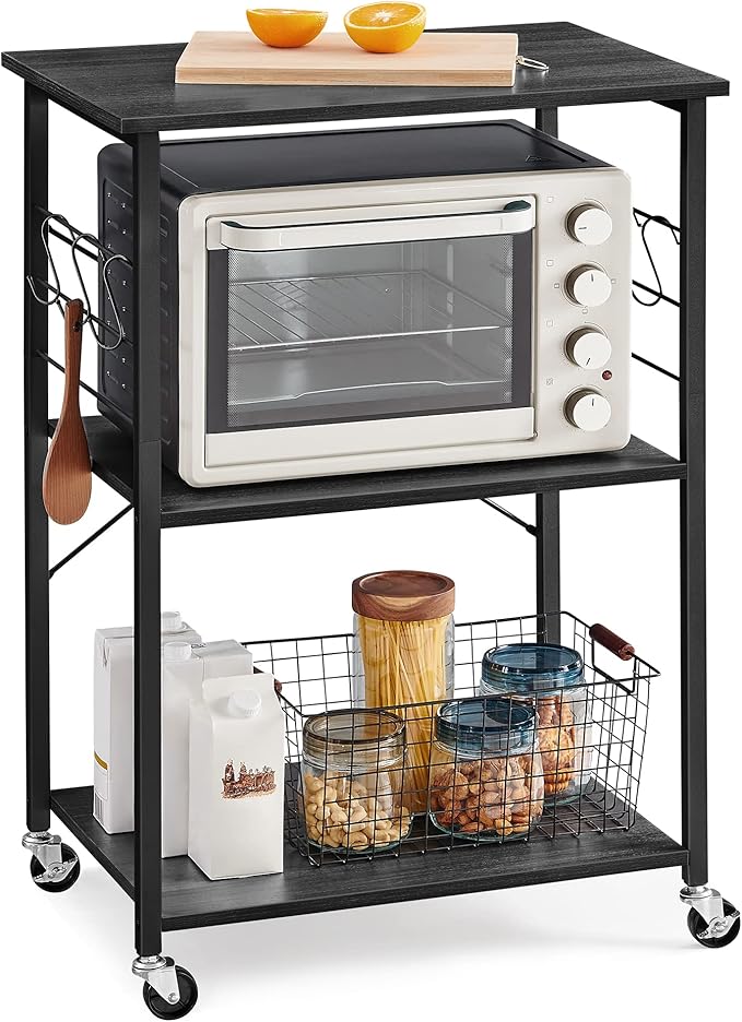 VASAGLE Kitchen Shelf on Wheels, 23.6 Inches Serving Cart with 3 Shelves, Kitchen Cart, Microwave Shelf, for Mini Oven, Toaster, with 6 Hooks, Industrial Style, Ebony Black and Ink Black UKKS060B42