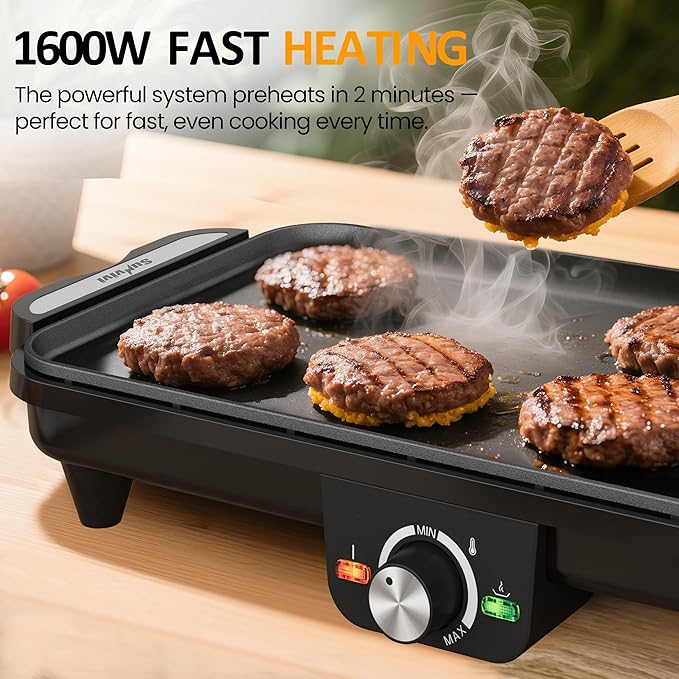 Sunvivi Electric Griddle Flat Grill: Indoor Grill with 2 Adjustable Temp Knobs, Nonstick Cooking Plate, Large Grill Pan with Drip Tray, 2 Cooking Zone (17.5'' x 9''), Easy to Clean