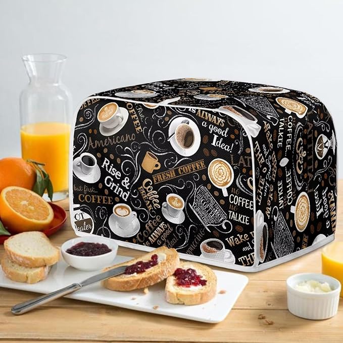 Cafe Coffee Print Toaster Cover 4 Slice Waterproof Appliance Cover with Handle Loop Kitchen Bread Baker Toaster Covers for Small Appliance