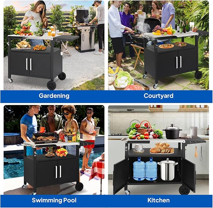 ROVSUN Gourmet Grill Cart with Storage, Movable Grill Table with Wheels, Hooks and Spice Rack, Stainless Steel Top & Storage Cabinet, Pizza Oven Cart for Camping, Tailgating, and Outdoor Cooking