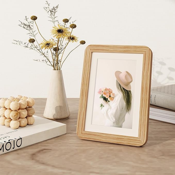 5x7 Picture Frame, 5 by 7 Photo Frames for Wall & Tabletop Display, Solid Oak Wood Frames with Plexiglass, 5x7 Frame Matted to 4x6, Light Wood 5 x 7 Gallery Wall Frame set, Natural Oak Color, 1 Pack