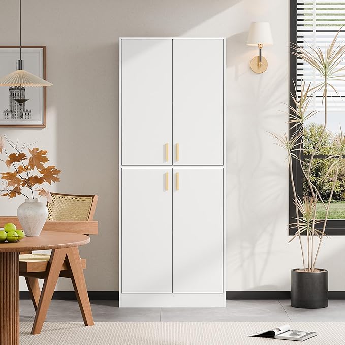 Cozy Castle Kitchen Pantry Cabinet, 71" Tall Wood Storage Cabinet with Doors and Shelves 4 Doors Freestanding Cupboard for Dining Room Living Room Bathroom Furniture, White