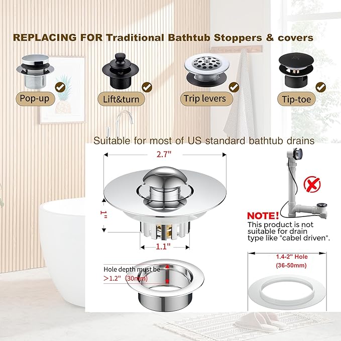 Kitchen Sink Drain Strainer 3 in 1, 304 Stainless Steel Pop Up Sink Stopper, Anti-Clogging Drain Stopper, Strainers for Kitchen, Drain Cover & Kitchen Accessories for US Standard Sink (Shiny Chrome)