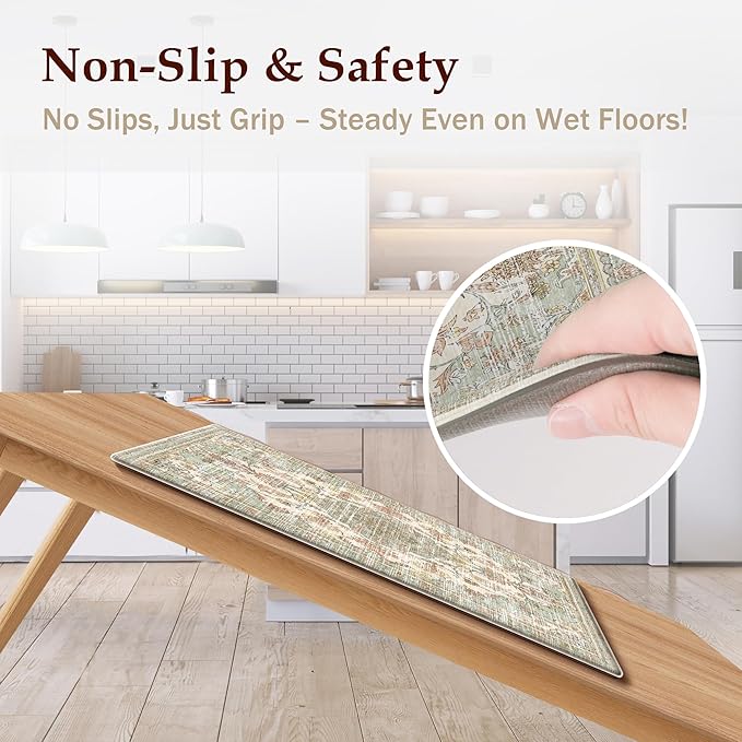 Boho Kitchen Mats for Floor 2 Piece Set Anti Fatigue Cushioned PVC Kitchen Rugs Non Slip Waterproof Farmhouse Mats 2/5 Inch Comfort Standing Mat for Sink, Laundry, 17.3"x59"+17.3"x28", Green Beige